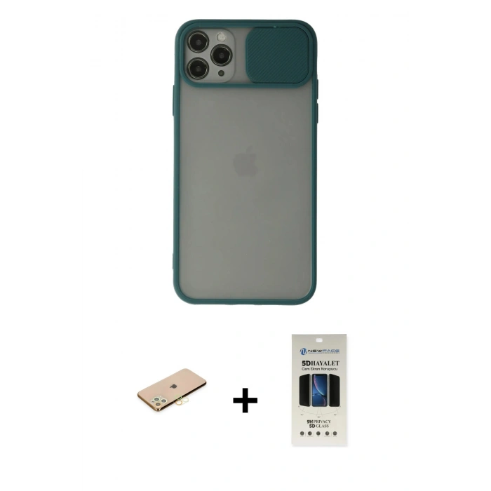 MARSİLYAN™- iPhone 11 Pro Kılıf Vadi Çizgi - Siyah 5D Hayalet Cam Ekran Koruyucu + Renkli Kamera Lens Koruma Cam - SI