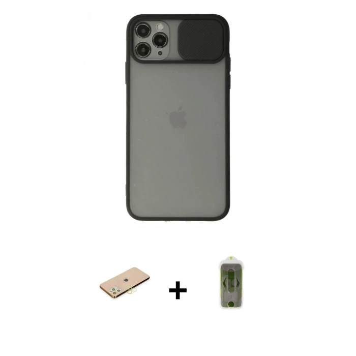 MARSİLYAN™- iPhone 11 Pro Kılıf Vadi Çizgi - Siyah Joko Magic 5D Hayalet Cam + Pembe Renkli Kamera Lens Koruma Cam