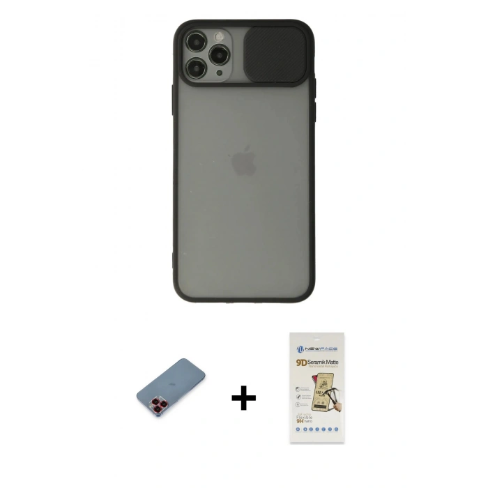 MARSİLYAN™- iPhone 11 Pro Kılıf Vadi Çizgi - Siyah Mat Seramik Nano Ekran Koruyucu + Metal Kamera Lens Koruma Cam - KI