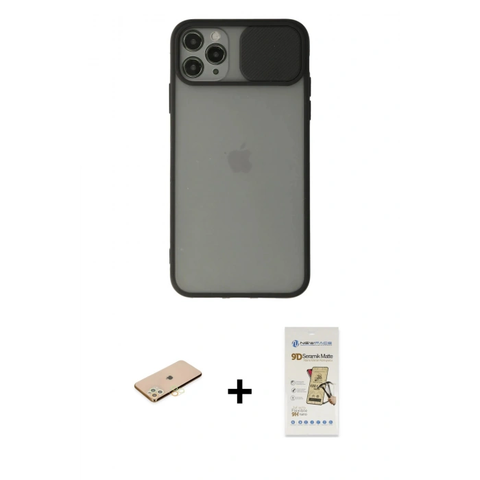 MARSİLYAN™- iPhone 11 Pro Kılıf Vadi Çizgi - Siyah Mat Seramik Nano Ekran Koruyucu + Renkli Kamera Lens Koruma Cam - PE