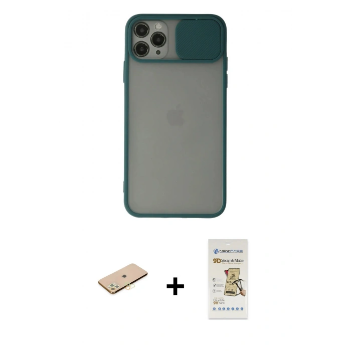 MARSİLYAN™- iPhone 11 Pro Kılıf Vadi Çizgi - Siyah Mat Seramik Nano Ekran Koruyucu + Renkli Kamera Lens Koruma Cam - PE