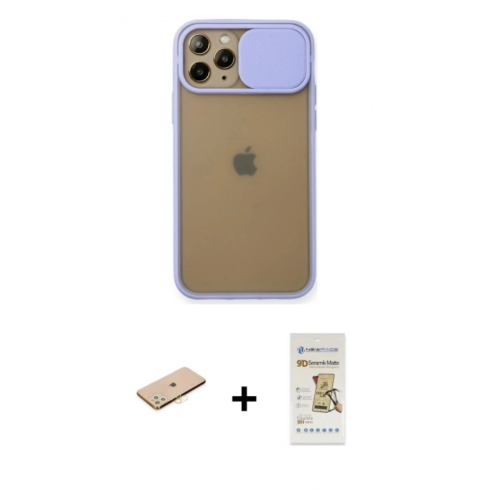 MARSİLYAN™- iPhone 11 Pro Kılıf Vadi Çizgi - Siyah Mat Seramik Nano Ekran Koruyucu + Renkli Kamera Lens Koruma Cam - SI