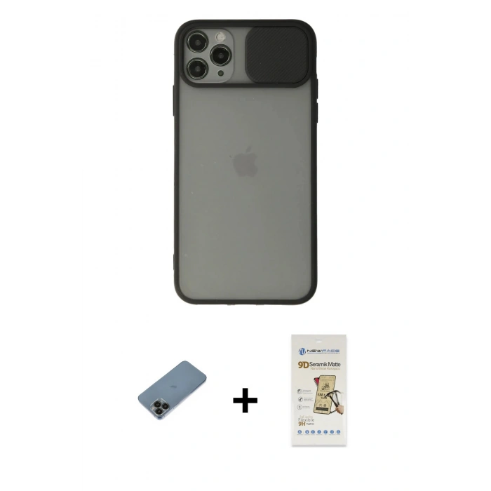 MARSİLYAN™- iPhone 11 Pro Kılıf Vadi Çizgi - Siyah Mat Seramik Nano Ekran Koruyucu + Shine Kamera Lens Koruma Cam - SH