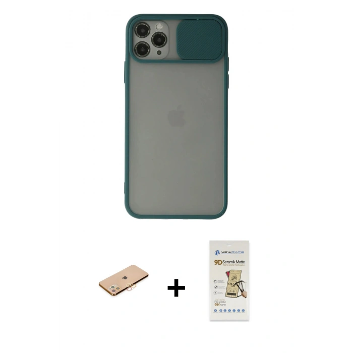 MARSİLYAN™- iPhone 11 Pro Kılıf Vadi Çizgi - Siyah Mat Seramik Nano Ekran Koruyucu + Renkli Kamera Lens Koruma Cam - TU