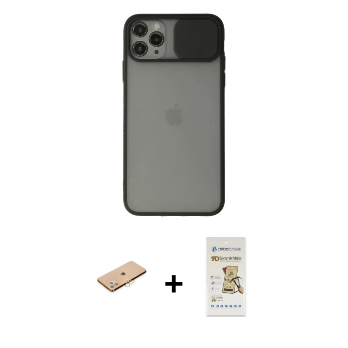MARSİLYAN™- iPhone 11 Pro Kılıf Vadi Çizgi - Siyah Mat Seramik Nano Ekran Koruyucu + Renkli Kamera Lens Koruma Cam - TU