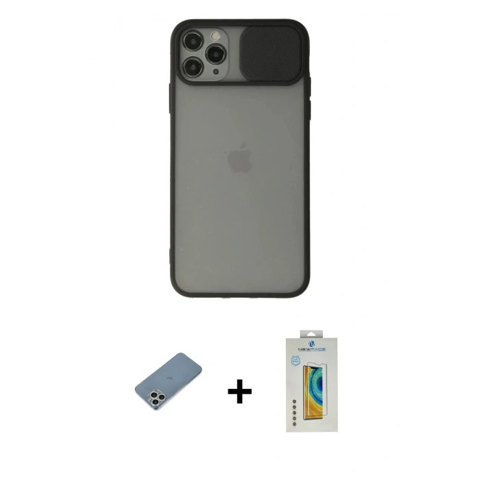 MARSİLYAN™- iPhone 11 Pro Kılıf Vadi Çizgi - Siyah Polymer Nano Ekran Koruyucu + Shine Kamera Lens Koruma Cam - GS