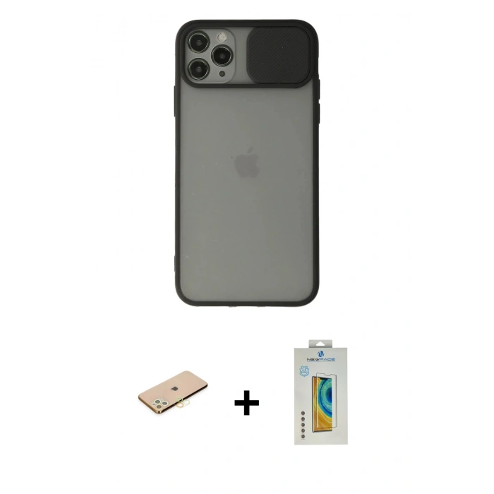 MARSİLYAN™- iPhone 11 Pro Kılıf Vadi Çizgi - Siyah Polymer Nano Ekran Koruyucu + Renkli Kamera Lens Koruma Cam - PE