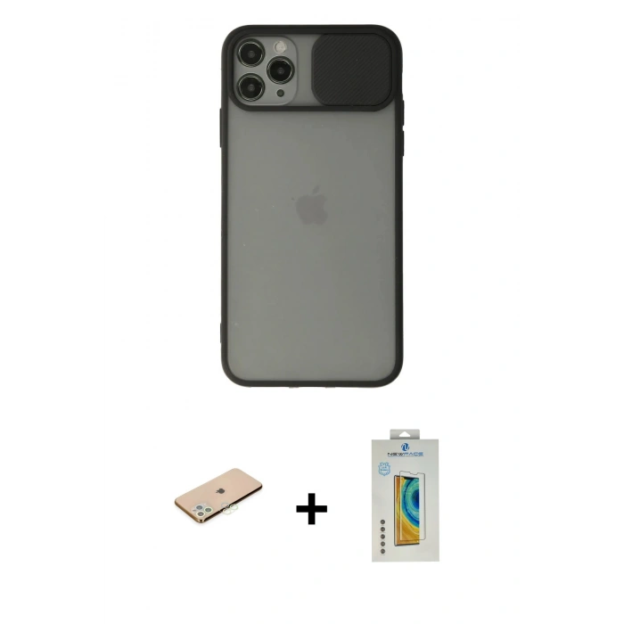 MARSİLYAN™- iPhone 11 Pro Kılıf Vadi Çizgi - Siyah Polymer Nano Ekran Koruyucu + Renkli Kamera Lens Koruma Cam - YL