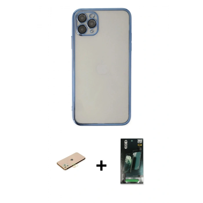 MARSİLYAN™- iPhone 11 Pro Kılıf Vadi Minimal - Şeffaf 360 Full Body Arka Koruyucu + Renkli Kamera Lens Koruma Cam - PE