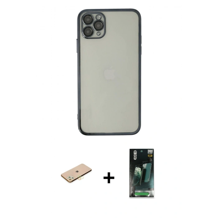 MARSİLYAN™- iPhone 11 Pro Kılıf Vadi Minimal - Şeffaf 360 Full Body Arka Koruyucu + Sarı Renkli Kamera Lens Koruma Cam