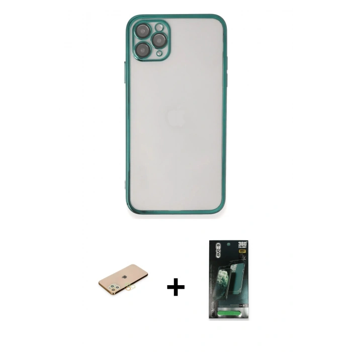 MARSİLYAN™- iPhone 11 Pro Kılıf Vadi Minimal - Şeffaf 360 Full Body Arka Koruyucu + Sarı Renkli Kamera Lens Koruma Cam