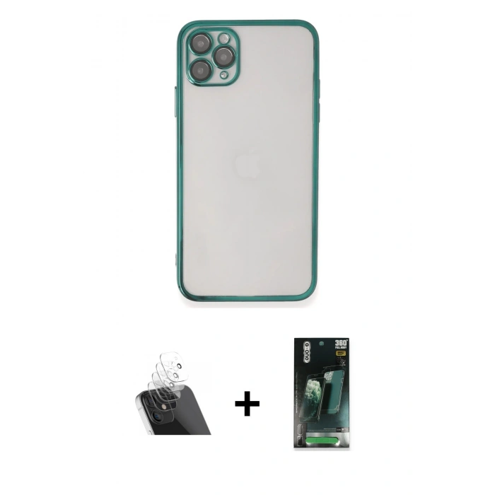 MARSİLYAN™- iPhone 11 Pro Kılıf Vadi Minimal - Şeffaf 360 Full Body Arka Koruyucu + Kamera Lens Koruma Cam - SF