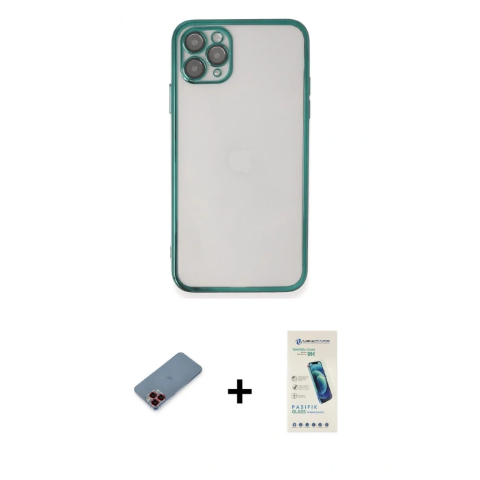 MARSİLYAN™- iPhone 11 Pro Kılıf Vadi Minimal - Şeffaf Pasifik Cam Ekran Koruyucu + Metal Kamera Lens Koruma Cam - KI