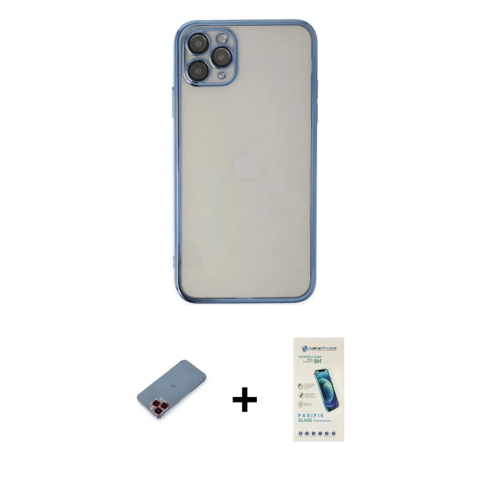 MARSİLYAN™- iPhone 11 Pro Kılıf Vadi Minimal - Şeffaf Pasifik Cam Ekran Koruyucu + Metal Kamera Lens Koruma Cam - KI