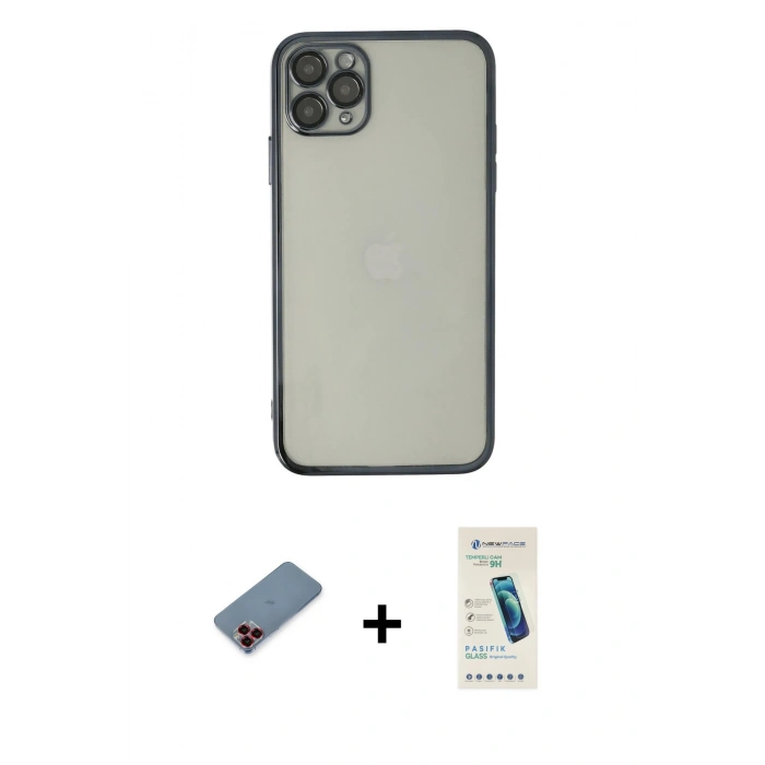 MARSİLYAN™- iPhone 11 Pro Kılıf Vadi Minimal - Şeffaf Pasifik Cam Ekran Koruyucu + Metal Kamera Lens Koruma Cam - KI