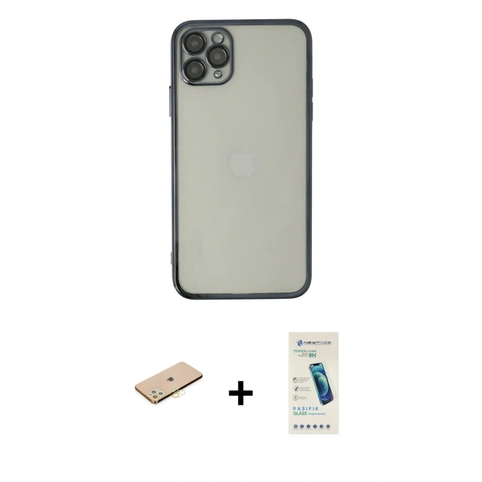 MARSİLYAN™- iPhone 11 Pro Kılıf Vadi Minimal - Şeffaf Pasifik Cam Ekran Koruyucu + Renkli Kamera Lens Koruma Cam - PE