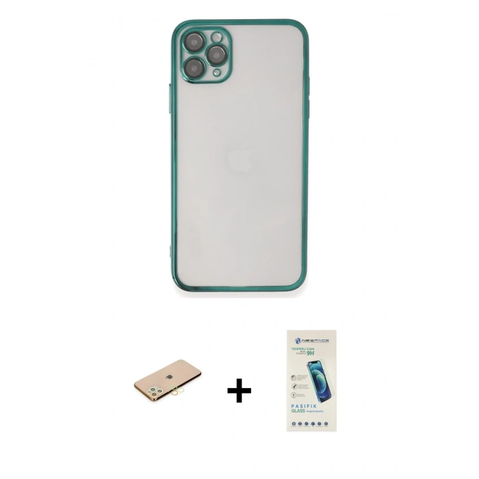 MARSİLYAN™- iPhone 11 Pro Kılıf Vadi Minimal - Şeffaf Pasifik Cam Ekran Koruyucu + Renkli Kamera Lens Koruma Cam - PE