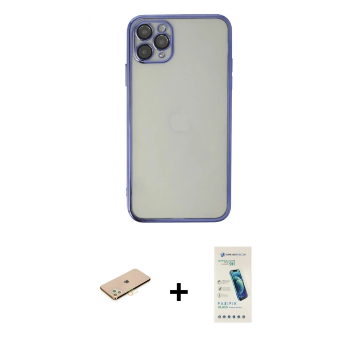 MARSİLYAN™- iPhone 11 Pro Kılıf Vadi Minimal - Şeffaf Pasifik Cam Ekran Koruyucu + Renkli Kamera Lens Koruma Cam - PE