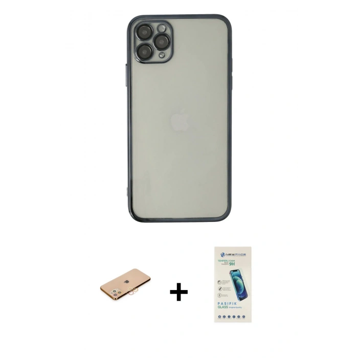 MARSİLYAN™- iPhone 11 Pro Kılıf Vadi Minimal - Şeffaf Pasifik Cam Ekran Koruyucu + Renkli Kamera Lens Koruma Cam - TU