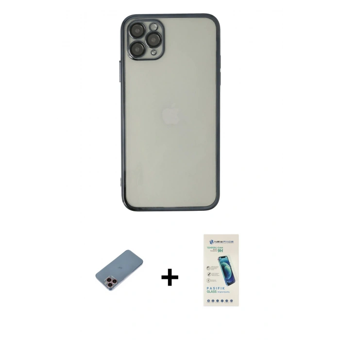 MARSİLYAN™- iPhone 11 Pro Kılıf Vadi Minimal - Şeffaf Pasifik Cam Ekran Koruyucu + Shine Kamera Lens Koruma Cam - PE