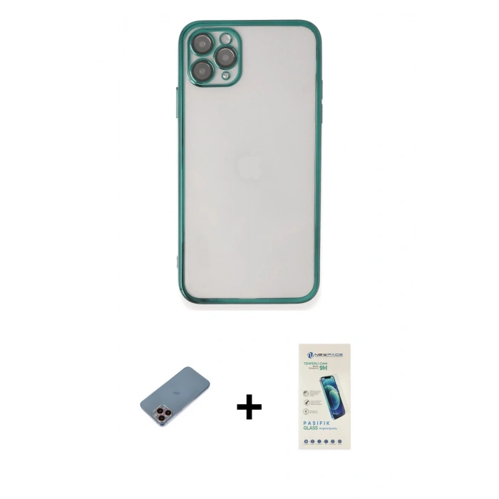 MARSİLYAN™- iPhone 11 Pro Kılıf Vadi Minimal - Şeffaf Pasifik Cam Ekran Koruyucu + Shine Kamera Lens Koruma Cam - PE