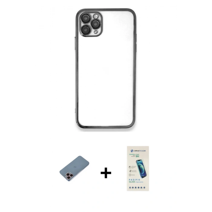 MARSİLYAN™- iPhone 11 Pro Kılıf Vadi Minimal - Şeffaf Pasifik Cam Ekran Koruyucu + Shine Kamera Lens Koruma Cam - PE