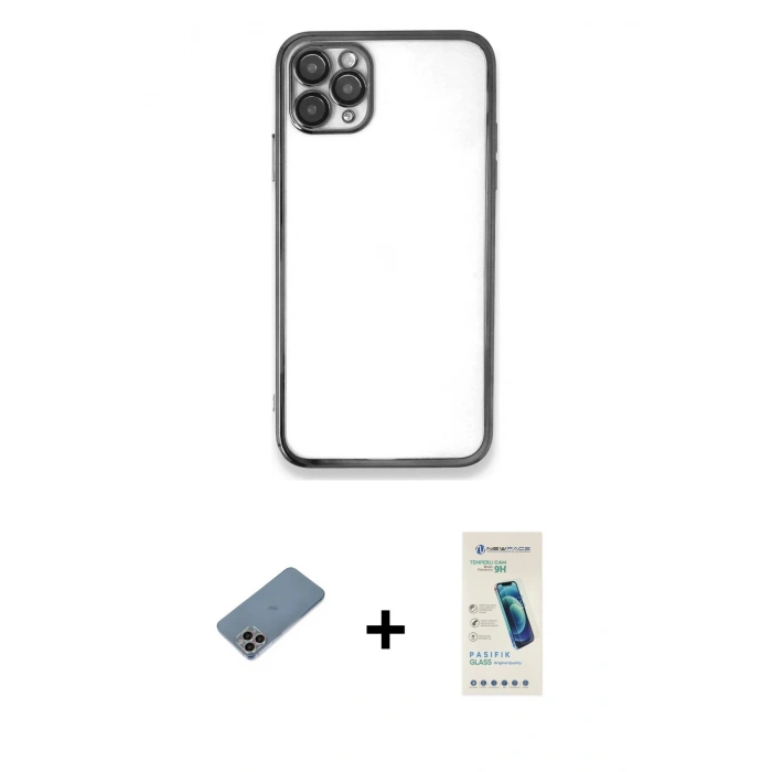 MARSİLYAN™- iPhone 11 Pro Kılıf Vadi Minimal - Şeffaf Pasifik Cam Ekran Koruyucu + Shine Kamera Lens Koruma Cam - GI