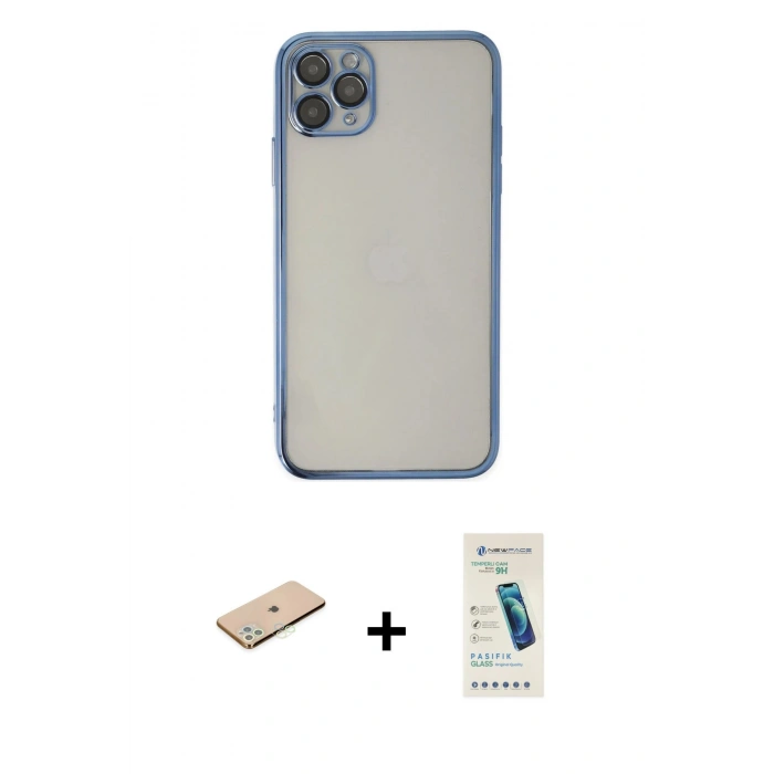 MARSİLYAN™- iPhone 11 Pro Kılıf Vadi Minimal - Şeffaf Pasifik Cam Ekran Koruyucu + Renkli Kamera Lens Koruma Cam - YL