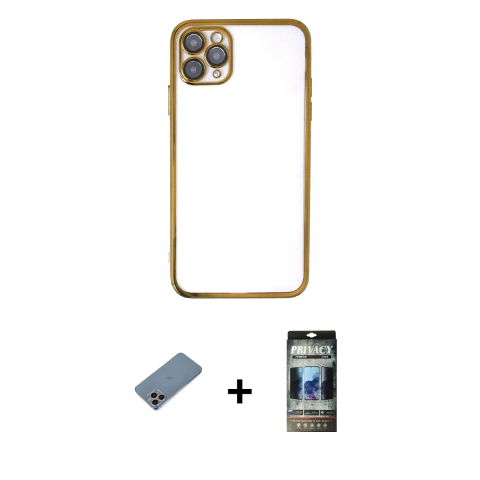MARSİLYAN™- iPhone 11 Pro Kılıf Vadi Minimal - Siyah 34D Hayalet Izgaralı Cam + Shine Kamera Lens Koruma Cam - GI