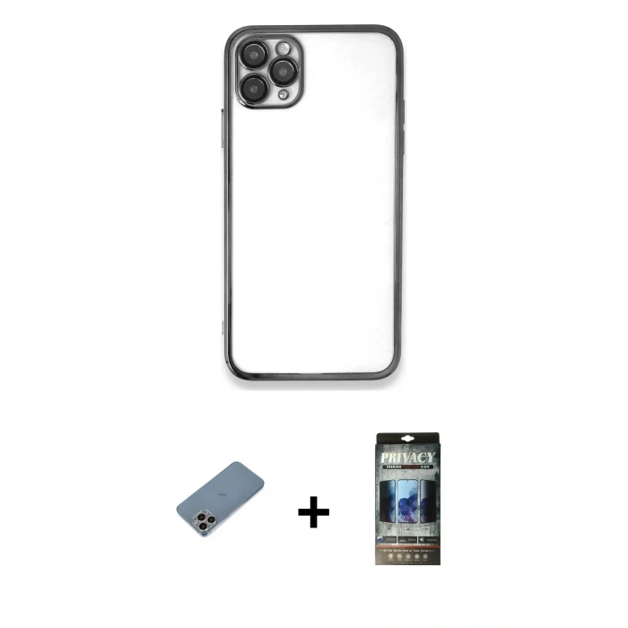 MARSİLYAN™- iPhone 11 Pro Kılıf Vadi Minimal - Siyah 34D Hayalet Izgaralı Cam + Shine Kamera Lens Koruma Cam - GI