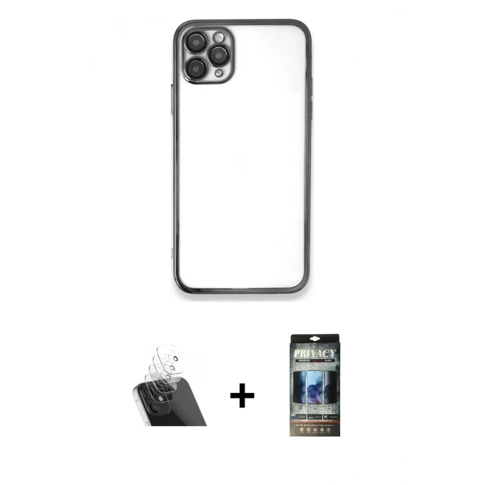 MARSİLYAN™- iPhone 11 Pro Kılıf Vadi Minimal - Siyah 34D Hayalet Izgaralı Cam + Kamera Lens Koruma Cam - SF