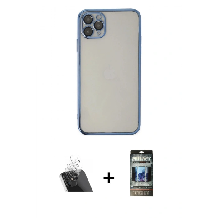 MARSİLYAN™- iPhone 11 Pro Kılıf Vadi Minimal - Siyah 34D Hayalet Izgaralı Cam + Kamera Lens Koruma Cam - SF