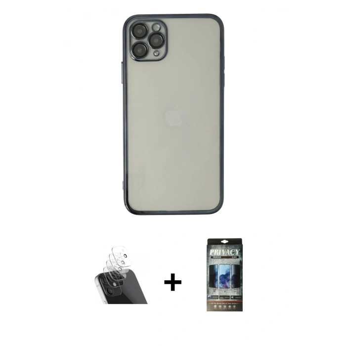 MARSİLYAN™- iPhone 11 Pro Kılıf Vadi Minimal - Siyah 34D Hayalet Izgaralı Cam + Kamera Lens Koruma Cam - SF