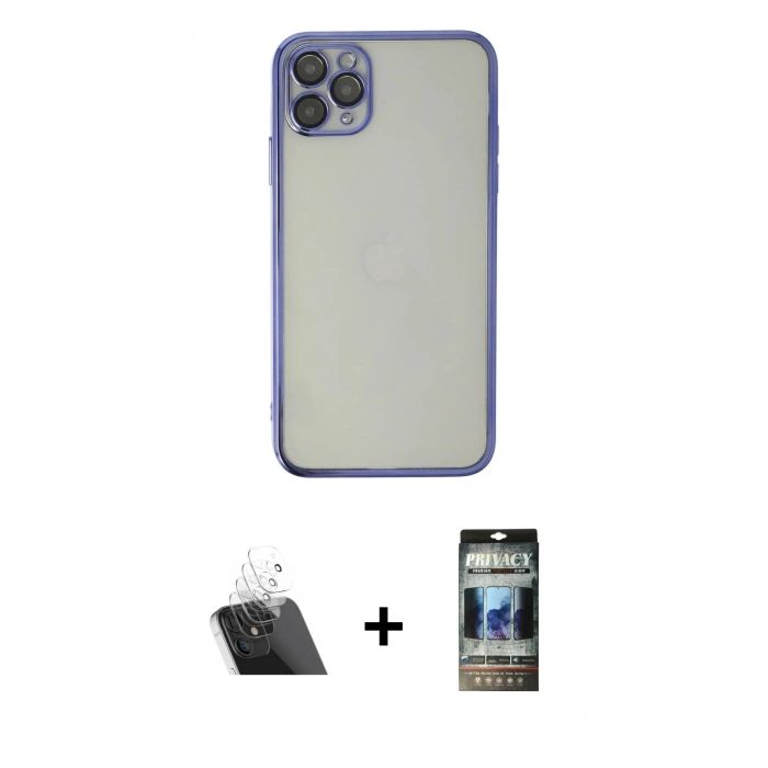 MARSİLYAN™- iPhone 11 Pro Kılıf Vadi Minimal - Siyah 34D Hayalet Izgaralı Cam + Kamera Lens Koruma Cam - SF