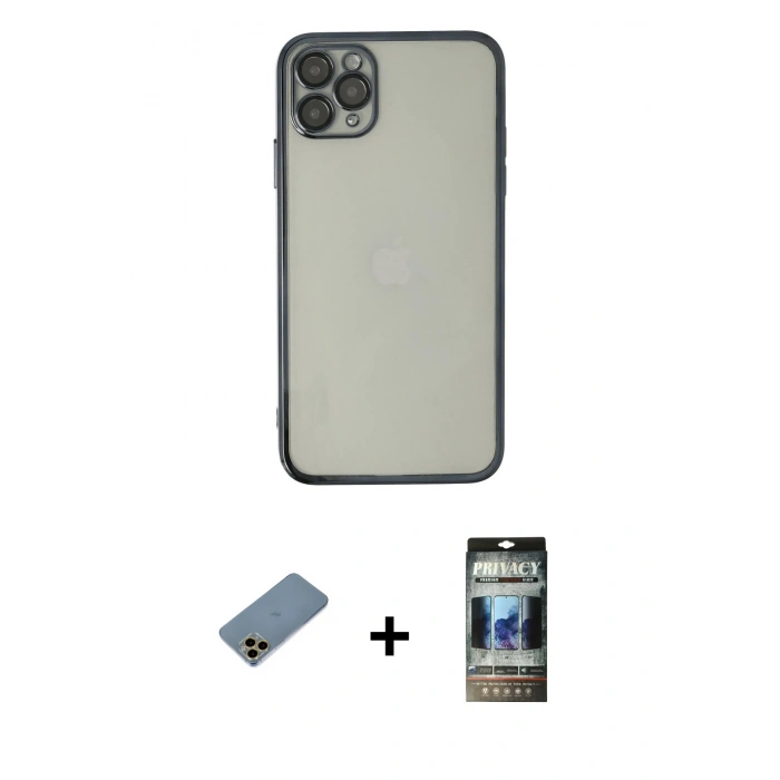 MARSİLYAN™- iPhone 11 Pro Kılıf Vadi Minimal - Siyah 34D Hayalet Izgaralı Cam + Shine Kamera Lens Koruma Cam - GD