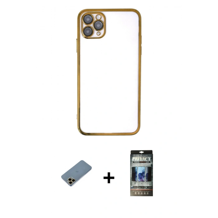 MARSİLYAN™- iPhone 11 Pro Kılıf Vadi Minimal - Siyah 34D Hayalet Izgaralı Cam + Shine Kamera Lens Koruma Cam - GD