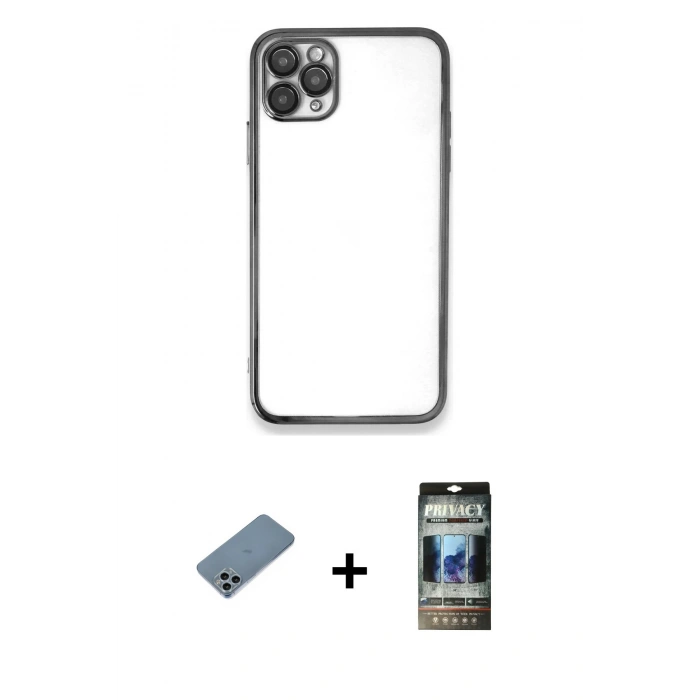 MARSİLYAN™- iPhone 11 Pro Kılıf Vadi Minimal - Siyah 34D Hayalet Izgaralı Cam + Shine Kamera Lens Koruma Cam - SABE