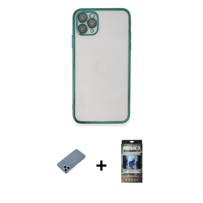 MARSİLYAN™- iPhone 11 Pro Kılıf Vadi Minimal - Siyah 34D Hayalet Izgaralı Cam + Shine Kamera Lens Koruma Cam - SABE