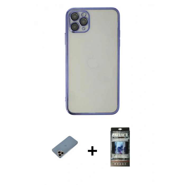 MARSİLYAN™- iPhone 11 Pro Kılıf Vadi Minimal - Siyah 34D Hayalet Izgaralı Cam + Shine Kamera Lens Koruma Cam - GD