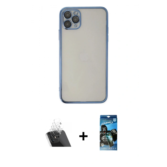 MARSİLYAN™- iPhone 11 Pro Kılıf Vadi Minimal - Siyah 34D Izgaralı Cam + Kamera Lens Koruma Cam - SF