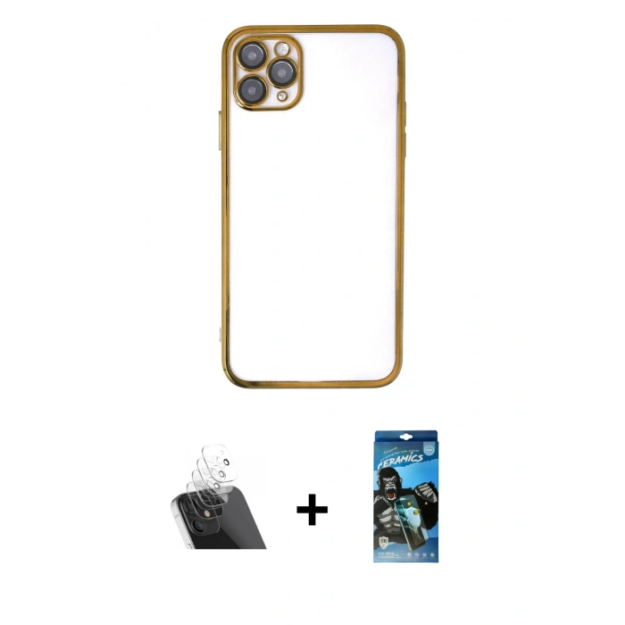 MARSİLYAN™- iPhone 11 Pro Kılıf Vadi Minimal - Siyah 34D Izgaralı Cam + Kamera Lens Koruma Cam - SF