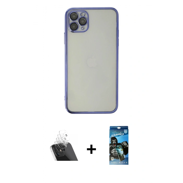MARSİLYAN™- iPhone 11 Pro Kılıf Vadi Minimal - Siyah 34D Izgaralı Cam + Kamera Lens Koruma Cam - SF