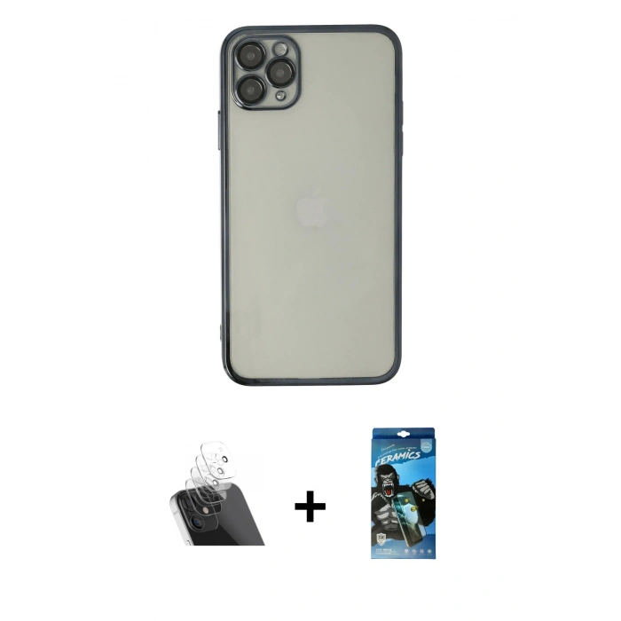 MARSİLYAN™- iPhone 11 Pro Kılıf Vadi Minimal - Siyah 34D Izgaralı Cam + Kamera Lens Koruma Cam - SF