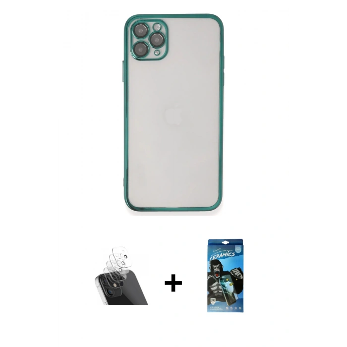 MARSİLYAN™- iPhone 11 Pro Kılıf Vadi Minimal - Siyah 34D Izgaralı Cam + Kamera Lens Koruma Cam - SF