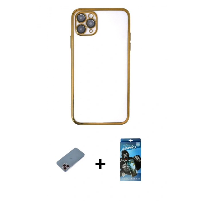 MARSİLYAN™- iPhone 11 Pro Kılıf Vadi Minimal - Siyah 34D Izgaralı Cam + Shine Kamera Lens Koruma Cam - PE