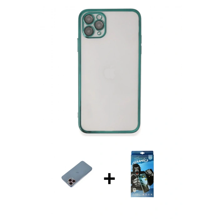 MARSİLYAN™- iPhone 11 Pro Kılıf Vadi Minimal - Siyah 34D Izgaralı Cam + Shine Kamera Lens Koruma Cam - PE