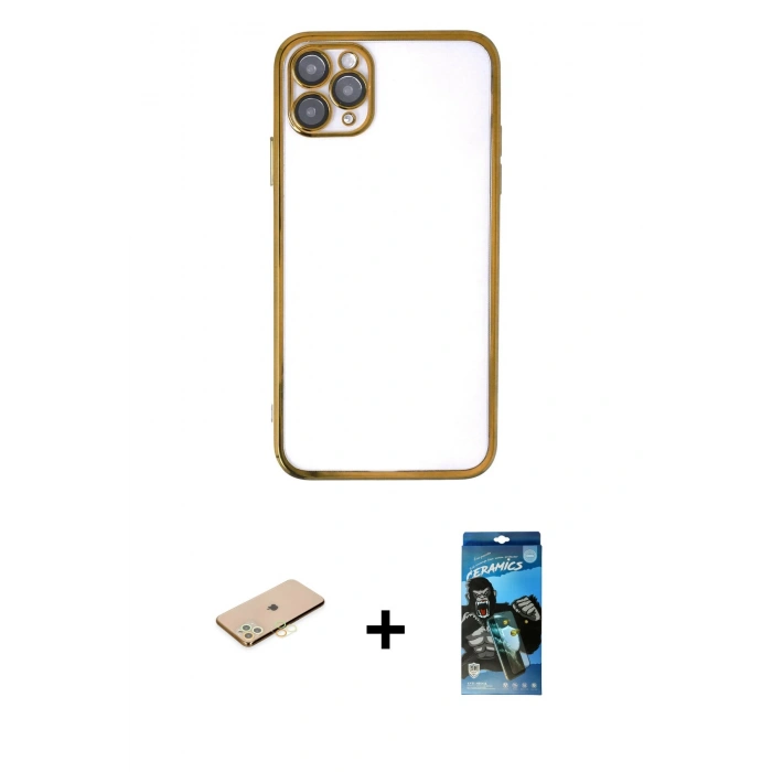 MARSİLYAN™- iPhone 11 Pro Kılıf Vadi Minimal - Siyah 34D Izgaralı Cam + Renkli Kamera Lens Koruma Cam - SI