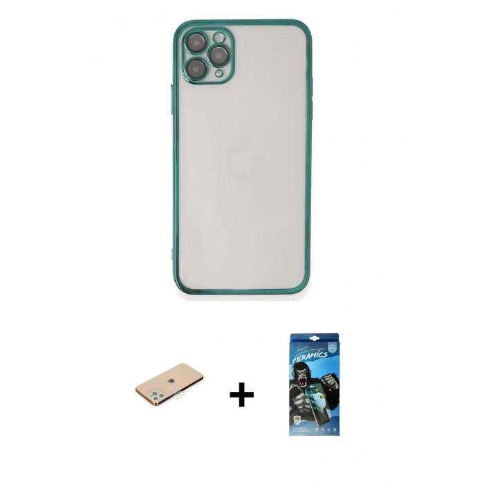 MARSİLYAN™- iPhone 11 Pro Kılıf Vadi Minimal - Siyah 34D Izgaralı Cam + Renkli Kamera Lens Koruma Cam - YL