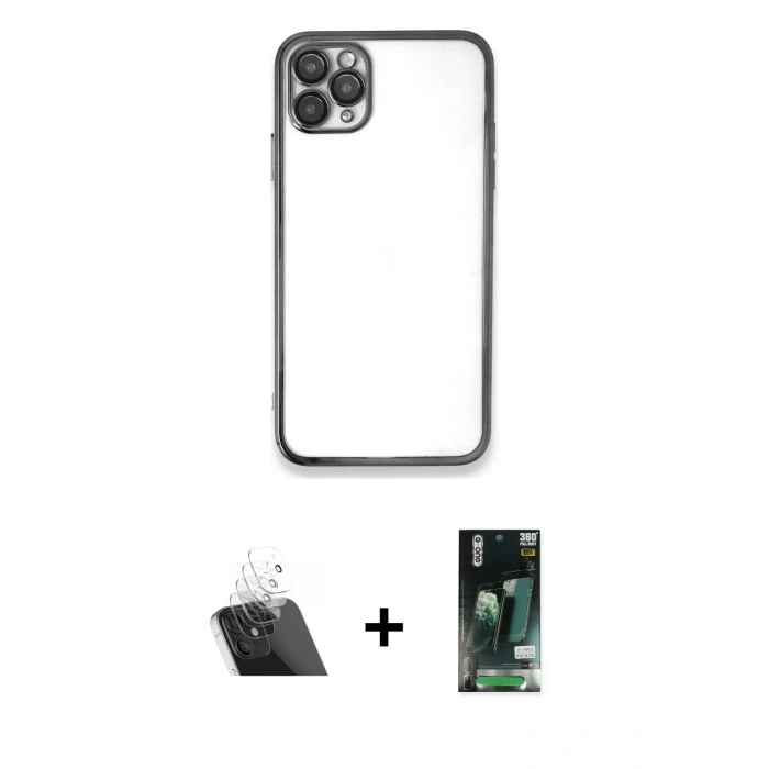 MARSİLYAN™- iPhone 11 Pro Kılıf Vadi Minimal - Siyah 360 Mat Full Body Arka Koruyucu + Kamera Lens Koruma Cam - SF