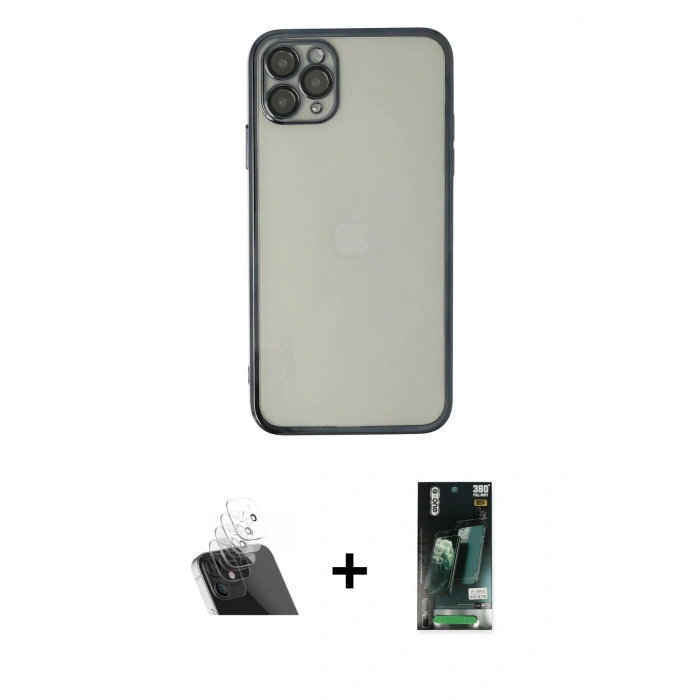 MARSİLYAN™- iPhone 11 Pro Kılıf Vadi Minimal - Siyah 360 Mat Full Body Arka Koruyucu + Kamera Lens Koruma Cam - SF